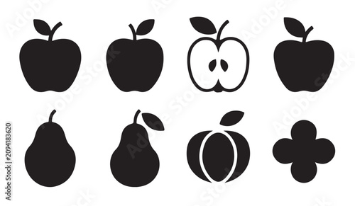 Cuadro en lienzo Set of black fruit icons featuring apples pears and abstract shapes for culinary graphics