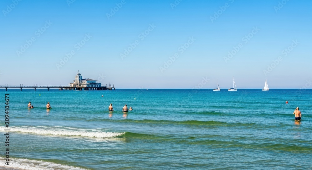 Obraz premium Bright beach scene with swimmers and distant pier.
