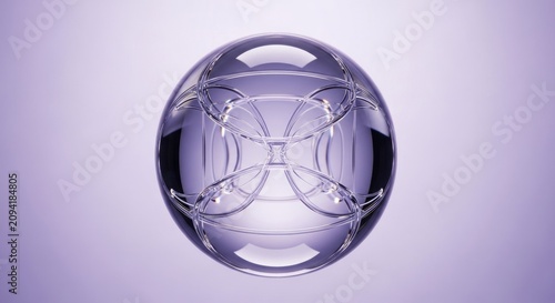 Decorative crystal sphere with geometric patterns on purple background.