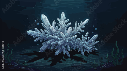 Fotografie Crystal Formation Underwater Growth on Seabed with Aquatic Plants and Bubbles, A