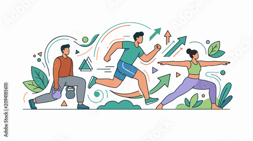 Diverse individuals engage in fitness activities against a vibrant abstract background