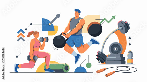 Diverse individuals engage in fitness activities with gym equipment and abstract shapes