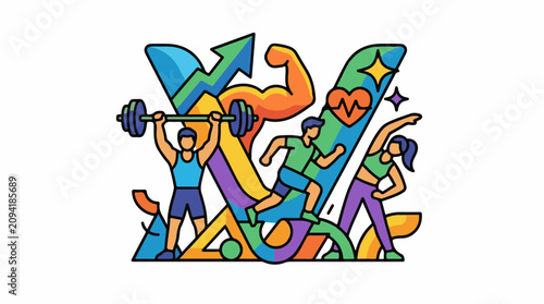Diverse individuals engage in varied fitness activities against abstract shapes