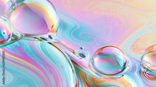 Smooth iridescent soap-bubble gradients swirling in pastel holographic tones forming a dreamy abstract background with copy space