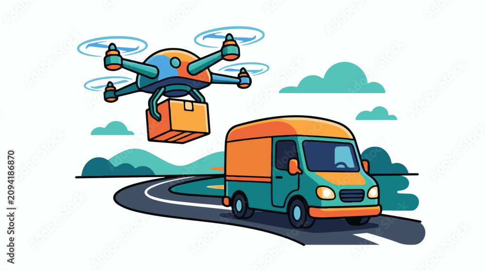 Naklejka premium Drone delivers package to van on road Hills clouds and landscape