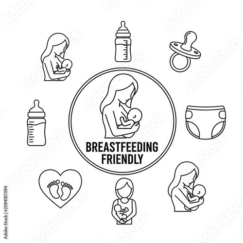 Breastfeeding Friendly Illustration with Baby Care Icons.
