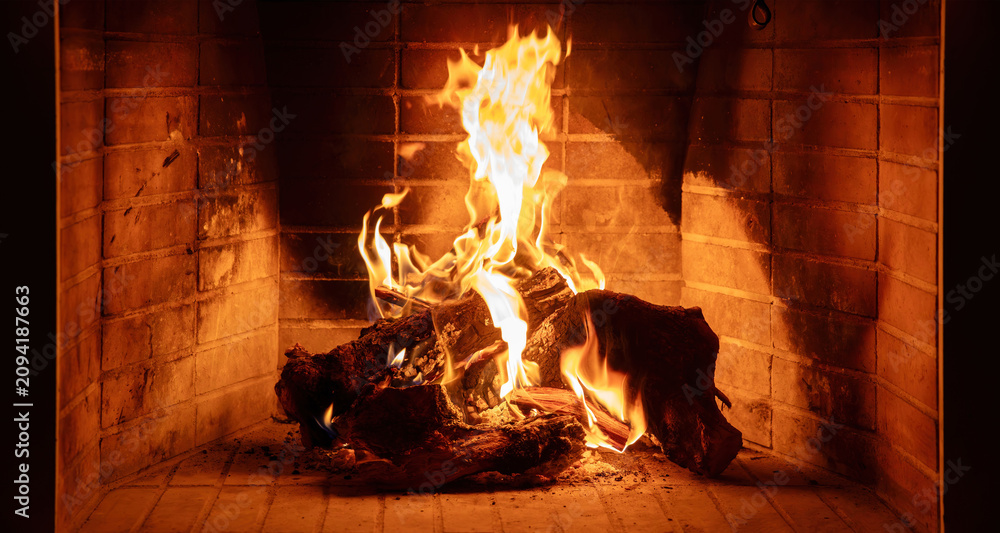 Fototapeta premium Fireplace burning wood logs. Cozy warm home in winter, Christmas holiday bonfire. Fire flames