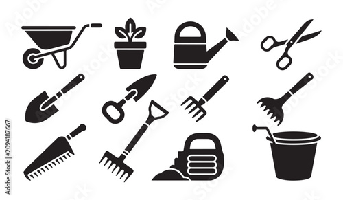 Foto Gardening tools and equipment in silhouette set for planting and cultivation activities