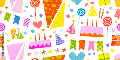 Birthday Party Elements Pattern With Colorful Shapes And Sweets