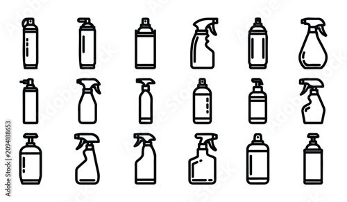 Photos Cleaning spray bottles and aerosol canisters outline icons for household and industrial use