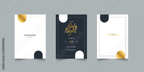 Photos Premium invitation set in teal, slate, and muted gold featuring oval frames, radiant line bursts, and flowing stripe patterns for gala dinners, weddings, and elegant celebration stationery