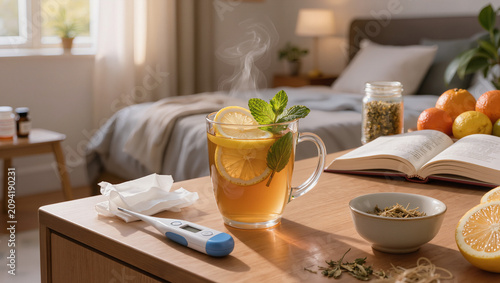 Hot herbal tea with lemon supports home recovery, comfort, hydration, wellness, and natural cold treatment daily.