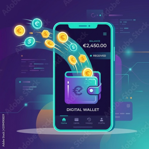 Digital wallet app with secure transactions. Mobile payment interface. Fintech technology for online banking security.