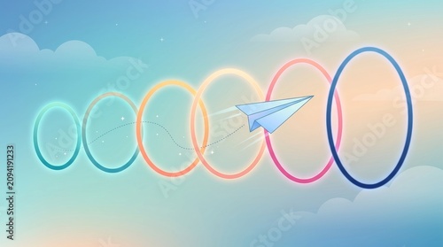 Paper plane flying through rings. Origami jet passing hoops for success. Growth concept for business strategy and marketing goals.