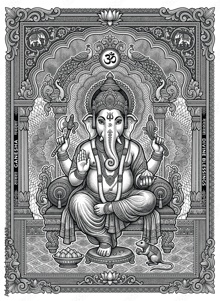 Fototapeta premium Ganesha on Throne: An intricate, ornate monochrome illustration depicts Lord Ganesha, the Hindu deity of wisdom and remover of obstacles, seated majestically on a decorative throne.