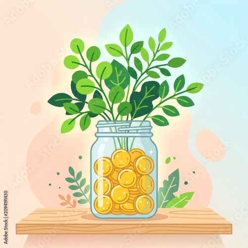 Plant growing in coin jar. Money tree in glass bottle. Financial growth.