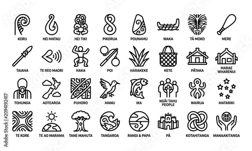 Fotografija Māori cultural symbols line icons set, featuring traditional New Zealand element