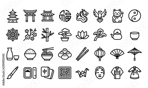 Quadro su tela Traditional Asian culture line icons set, featuring oriental symbols, Japanese t