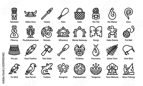 Fotografija Traditional Maori cultural symbols, New Zealand indigenous line icons set, inclu