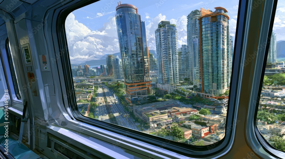 Fototapeta premium Stunning urban view from train window, featuring modern skyscrapers, vibrant cityscape, and clear skies reflecting in the glass