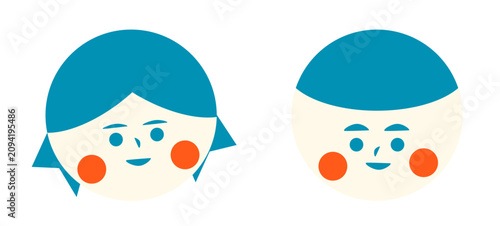 Retro flat boy and girl face icon set, simple cute avatar illustration