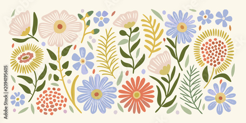 Canvas Print Floral Ornament With Rounded Petals And Green Foliage Vector Illustration