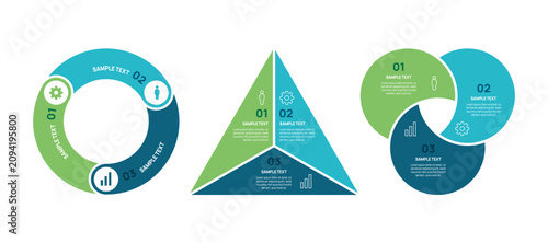 Infographic Circle Diagram set, circular chart template three steps. cycle venn diagram 3 option set for business presentation, vector illustration.