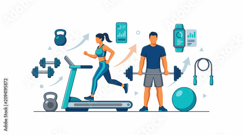 Fitness illustration with people equipment and progress indicators