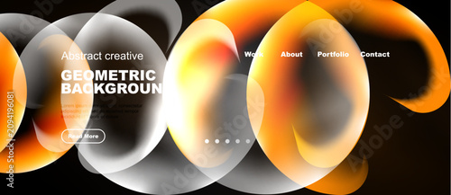 Dynamic abstract design. Orange, white shapes overlap creating modern website header or banner. Text elements present.