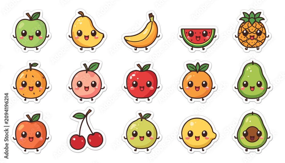 Obraz premium Fruits organized into a grid layout showcase a variety of smiling cartoon produce for creative design projects.