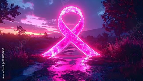 glowing pink ribbon symbol of hope and awareness, glowing in a mystical forest at sunset, hope and support