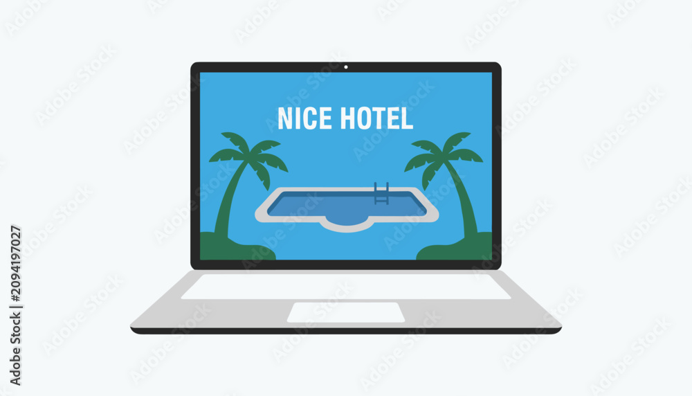 Fototapeta premium Laptop computer displaying a travel booking website with a hotel swimming pool and tropical palm trees.