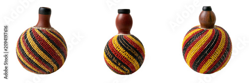 Set of Traditional pearl shekere natural gourd percussion instrument on transparent background. Ai generated