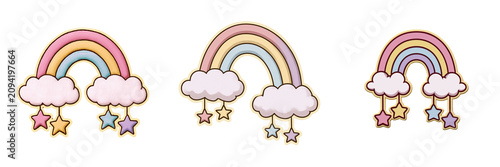 Set of Magical cartoon rainbow with fluffy clouds, sparkling stars, and gentle pastel colors on transparent background. Ai generated
