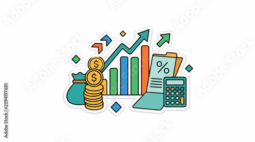Flat design illustration of financial growth with coins charts and calculator