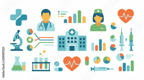 Flat design icons representing medical services and research