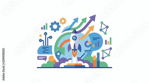 Flat design rocket launch with upward trending charts and gears