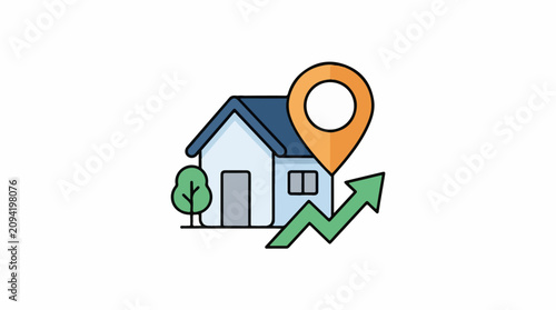 Flat design of a house with a location pin and an upward trending arrow