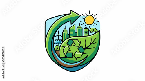 Eco-friendly urban scene with renewable energy and recycling symbols