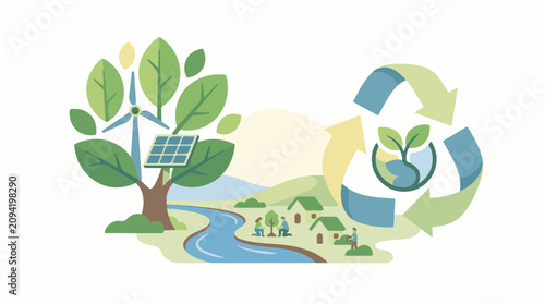 Eco-friendly village with renewable energy and recycling symbol