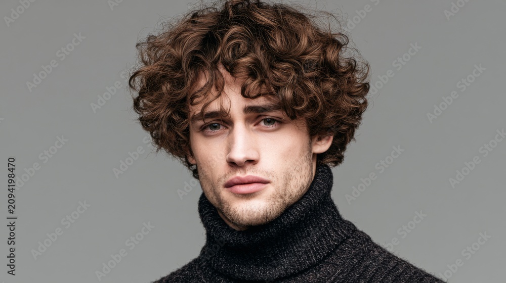 Obraz premium Young man with curly hair wearing dark turtleneck sweater against neutral background showcasing stylish fashion choice and intense expression, studio portrait