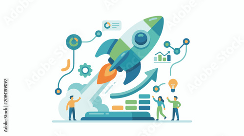 Flat illustration of a rocket launching into space with business analytics