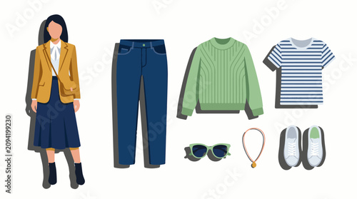 Flat illustration of a woman's outfit and accessories