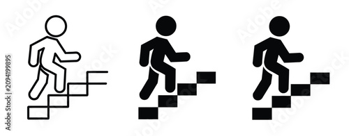 Stairs Icon Set with Man Climbing Staircase Symbols for Accessibility, Direction, and Navigation