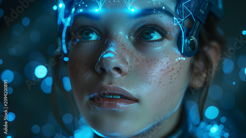 High-Detail 3D Render of Female AI Robot with Holographic Brain Network Orbiting Head, Cinematic Glow and Futuristic Mood