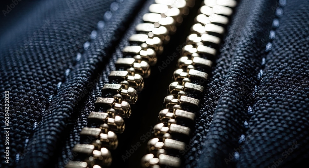 Fototapeta premium Double metal zippers on dark blue textile.