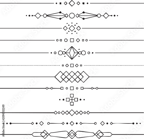 Canvas Print Graphic collection of elaborate horizontal line dividers featuring intricate geometric patterns with diamonds squares and circular elements isolated on transparent background for luxury book layout