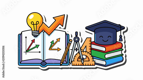 Education symbols open book graph lightbulb compass ruler graduation cap