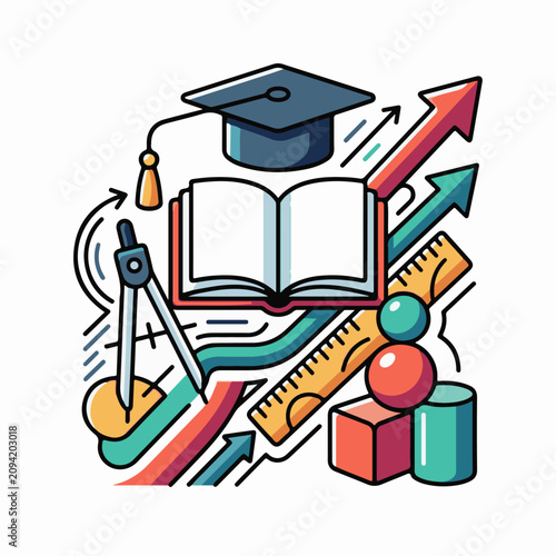 Education symbols open book graduation cap geometric shapes and ruler