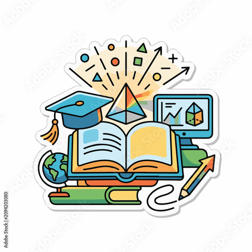 Educational collage with books globe graduation cap computer